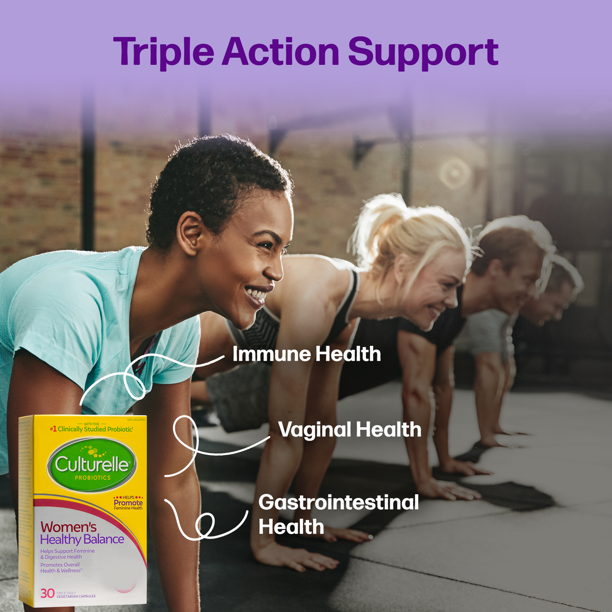 Triple action support, immune health, vaginal health, gastrointestinal health.