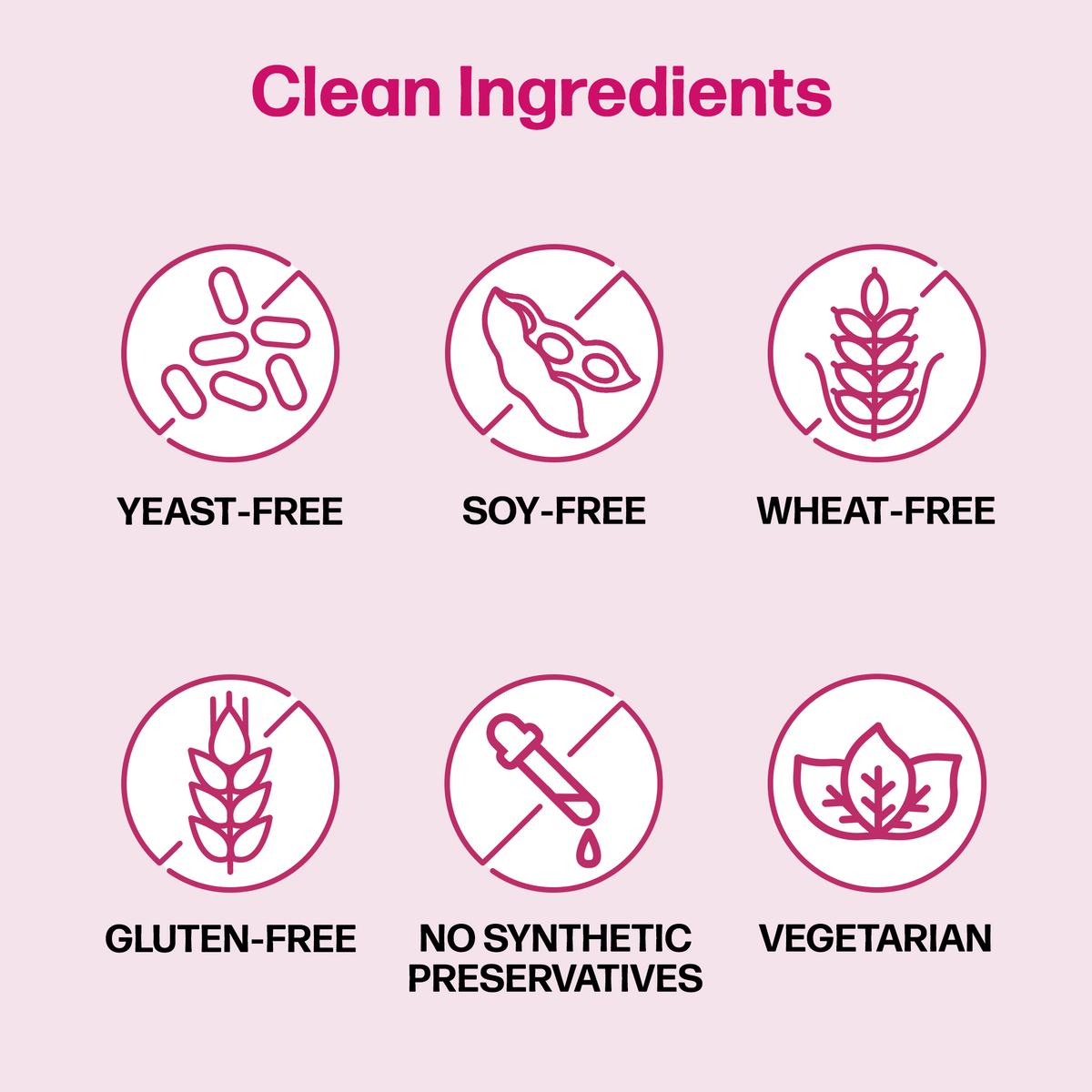 Clean ingredients free from yeast, soy, wheat and gluten. No synthetic preservatives and vegetarian