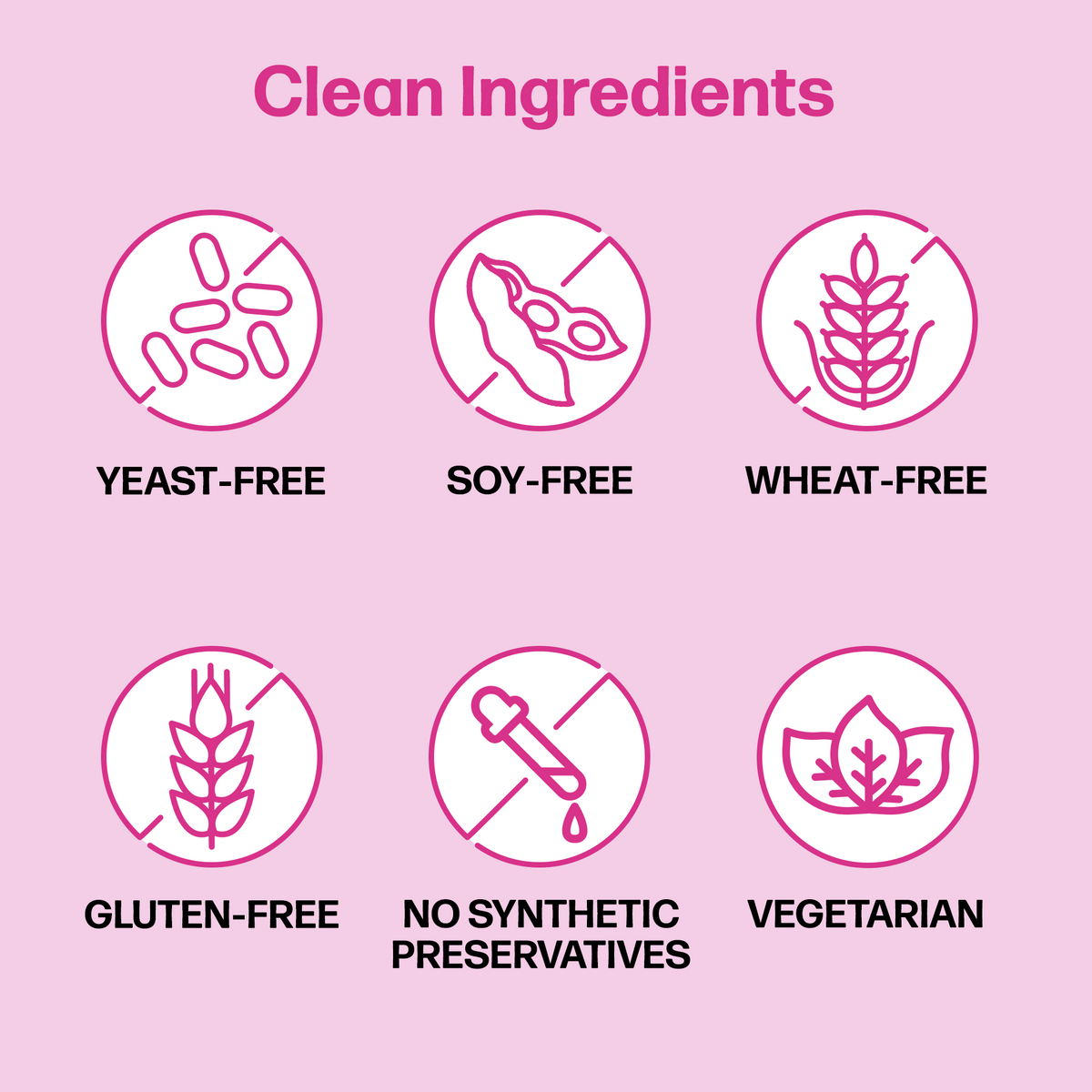Clean ingredients free from yeast, soy, wheat and gluten. No synthetic preservatives and vegetarian.